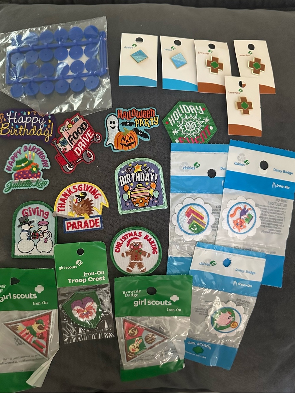 Girl Scouts Iron-On Badges and Holiday Patches - assorted pins and patches